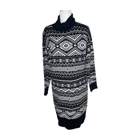 Loft Women's Mini Sweater Dress Fair Isle Turtleneck Black White Size Small - Picture 1 of 9